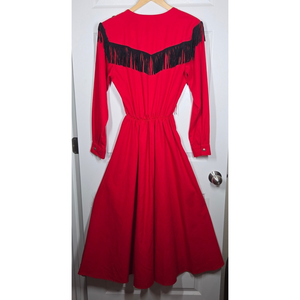 VTG Western Collection Red Rodeo Dress Fringe Concho Wolf M USA Circle Skirt - Picture 8 of 14